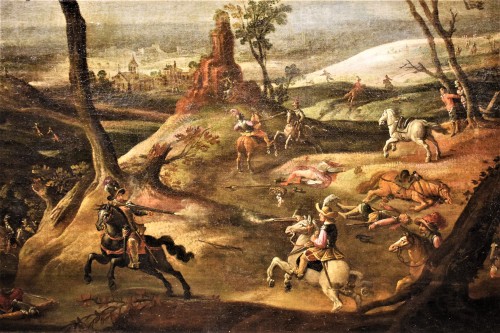 17th century - Assault on the village with clash between knights, 17th c. Flemish master